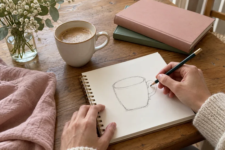 Deux mains tiennent un carnet et un crayon devant le contour dessiné d’une tasse.