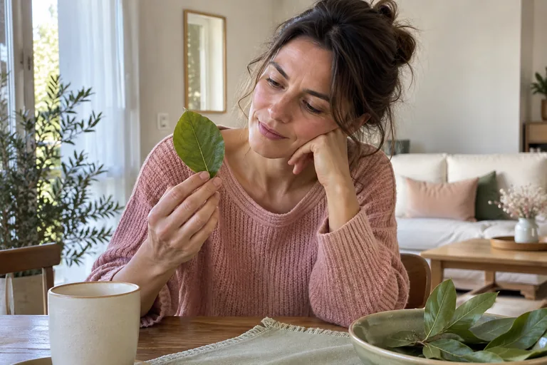 Une femme assise observe une feuille verte qu’elle tient à la main.