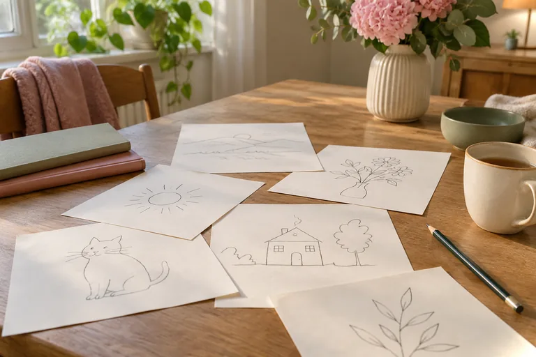 Des dessins simples de chat, soleil, maison et végétaux sont étalés sur une table.