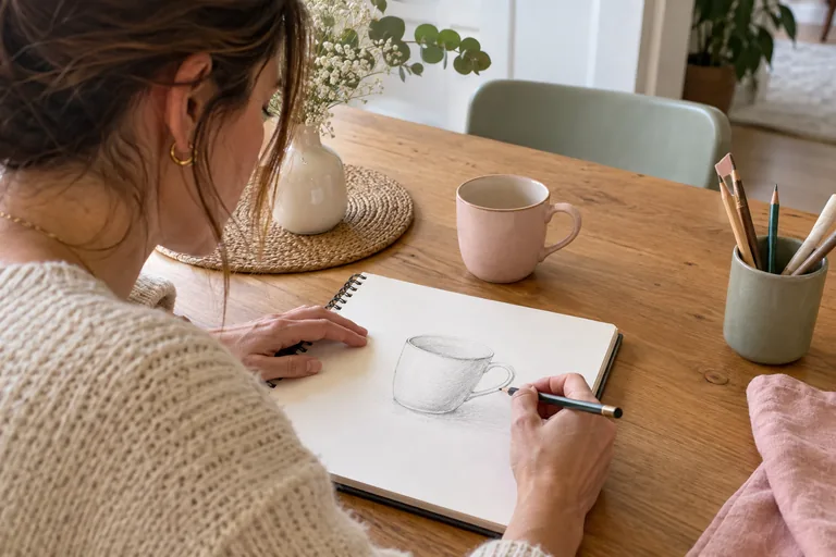 Une femme dessine une tasse dans un carnet, avec la tasse devant elle.