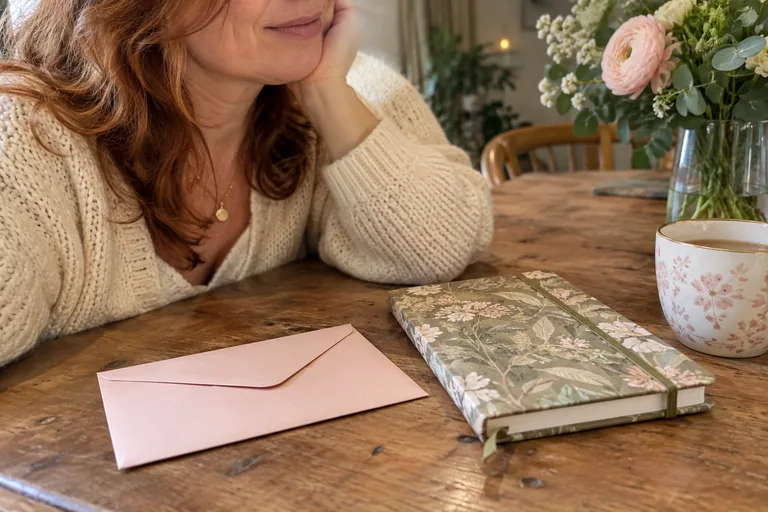 Enveloppe rose retournée et carnet floral fermé devant une femme.