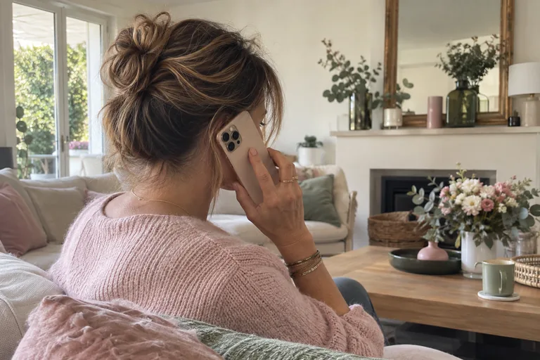 Femme vue de dos sur un canapé tenant un téléphone à son oreille, coque visible.