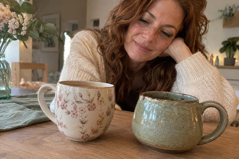 Deux mugs différents sur une table devant une femme.