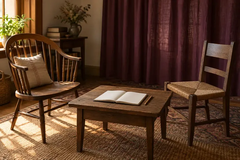 Deux chaises vides face à face dans un petit atelier d’écriture