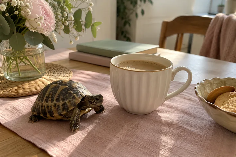 Une petite tortue se trouve sur un linge près d’une tasse et de biscuits.