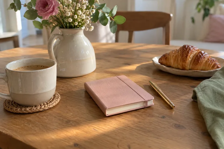 Un petit carnet rose fermé et un stylo sont posés près d’une tasse.