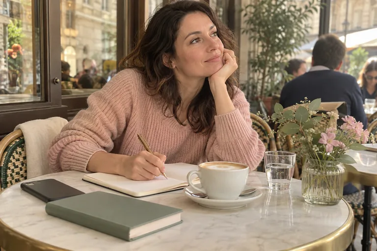 Une femme tient un stylo au-dessus d’un carnet dans un café.