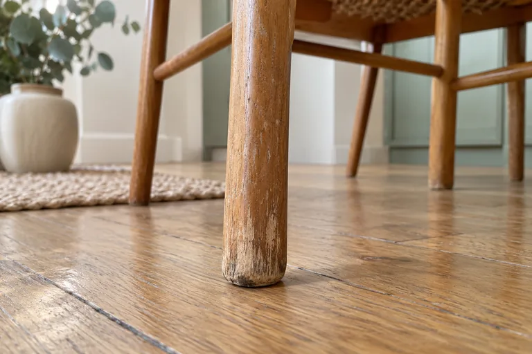 Gros plan sur un pied de chaise en bois marqué par l’usure.