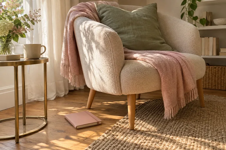Un carnet rose fermé est posé au sol près d’un fauteuil clair.