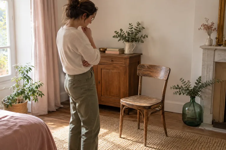 Une femme debout regarde une vieille chaise en bois dans une pièce.