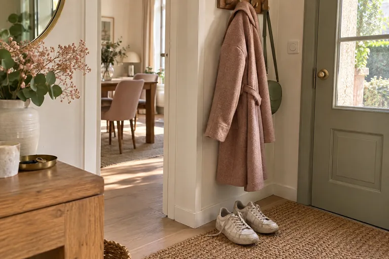 Un manteau rose et un sac sont suspendus au-dessus de chaussures usées dans une entrée.
