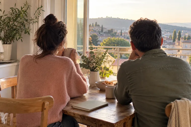 Deux adultes vus de dos sont assis à une table devant une fenêtre.