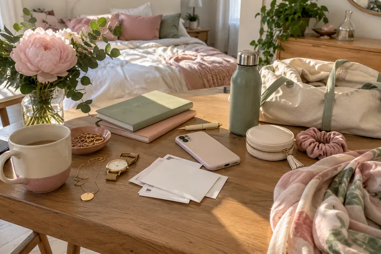 Carnets, gourde, sac, montre et téléphone face cachée sont disposés sur une table.
