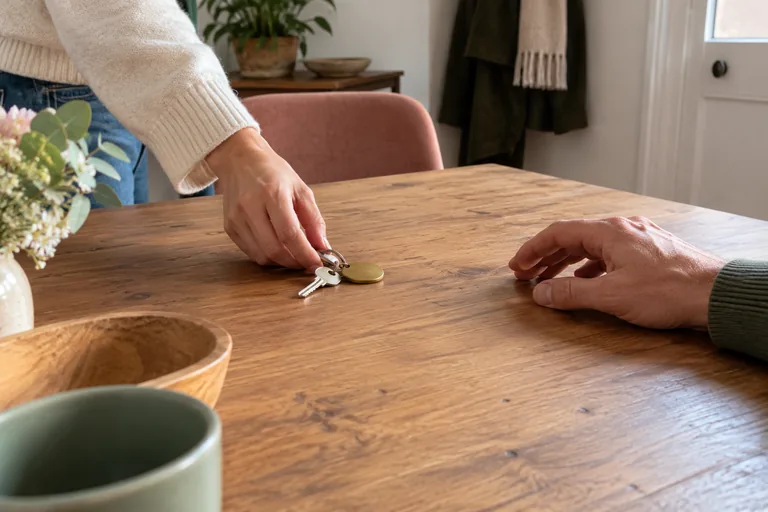 Une main pose un trousseau de clés sur une table à distance d’une autre main.