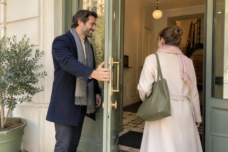 Un homme tient une porte ouverte pendant qu’une femme entre.