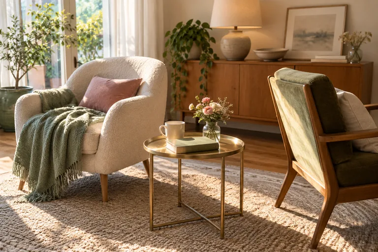 Deux fauteuils orientés différemment entourent une petite table.