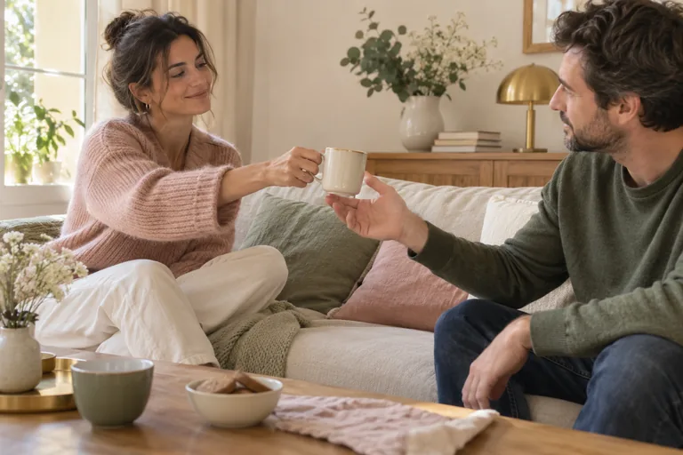 Une femme tend une tasse à un homme assis sur un canapé.