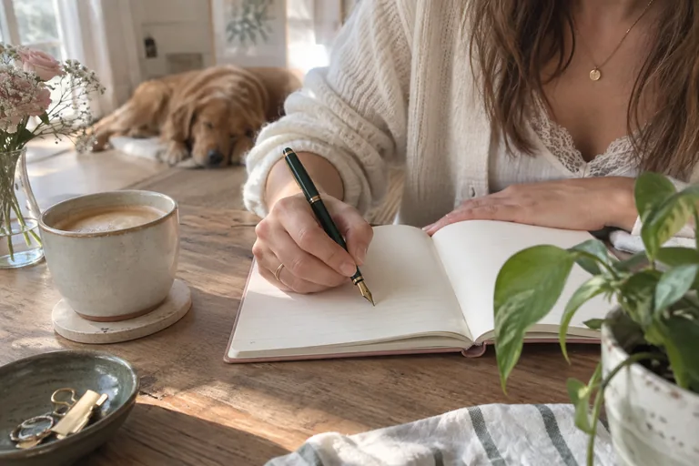 Une main écrit avec un stylo plume dans un carnet ouvert sur une table en bois, à côté d’une tasse de café et d’une plante