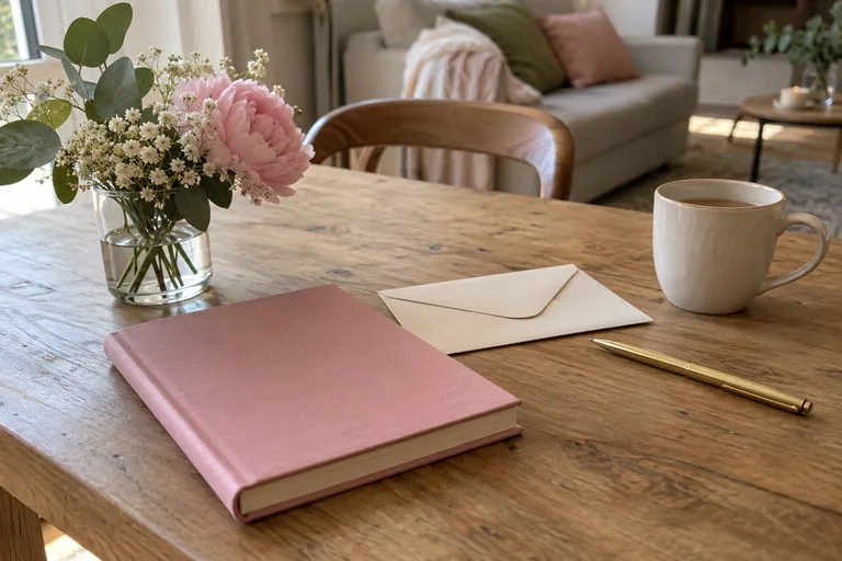 Un carnet rose fermé, une enveloppe et un stylo sont posés près d’une tasse.
