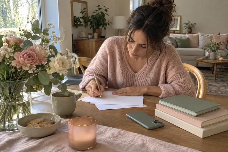 Une femme écrit sur des feuilles près de carnets et d’un téléphone posé face cachée.