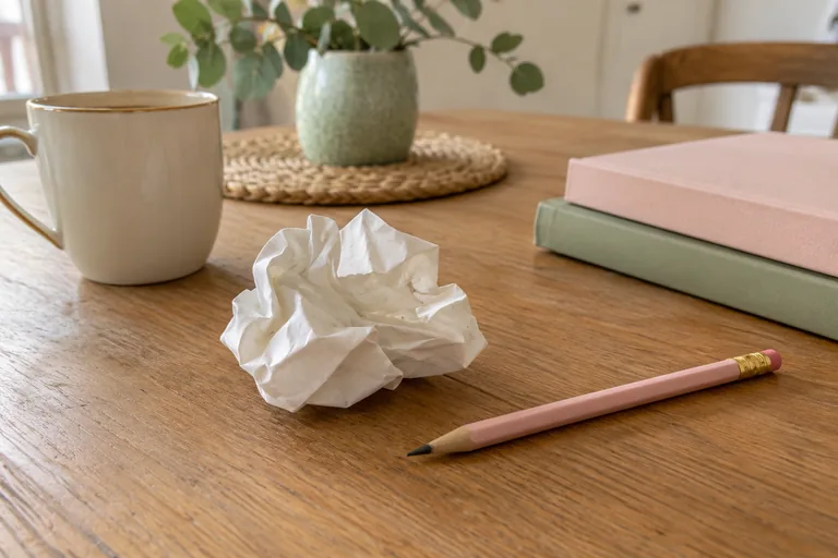 Une feuille froissée et un crayon rose reposent près de deux carnets fermés.