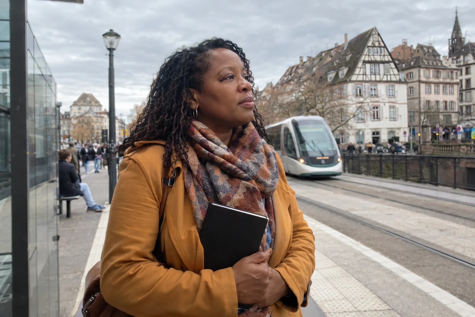 Une femme attend sur un quai de tram, carnet contre elle