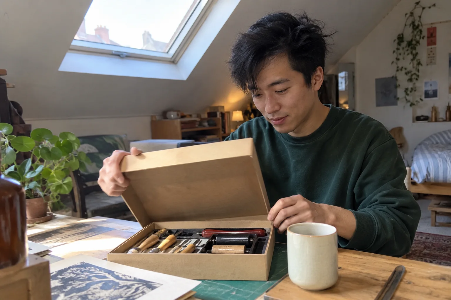 Un homme ouvre une boîte de matériel de gravure