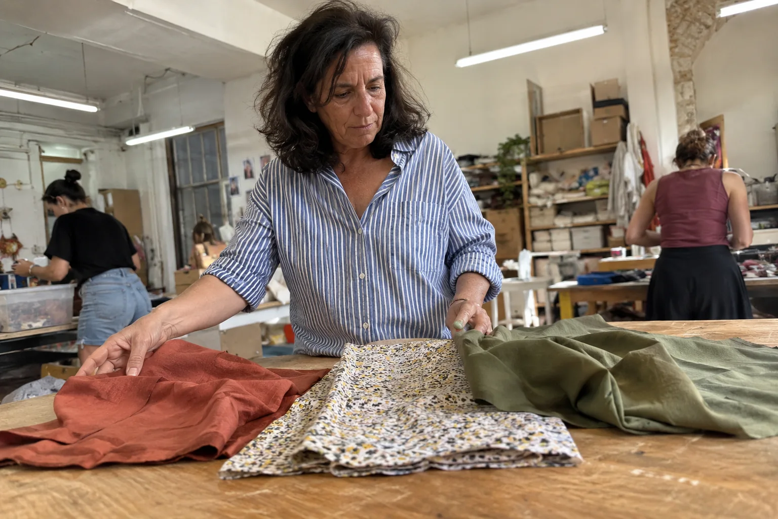 Une femme compare des tissus dans un atelier partagé