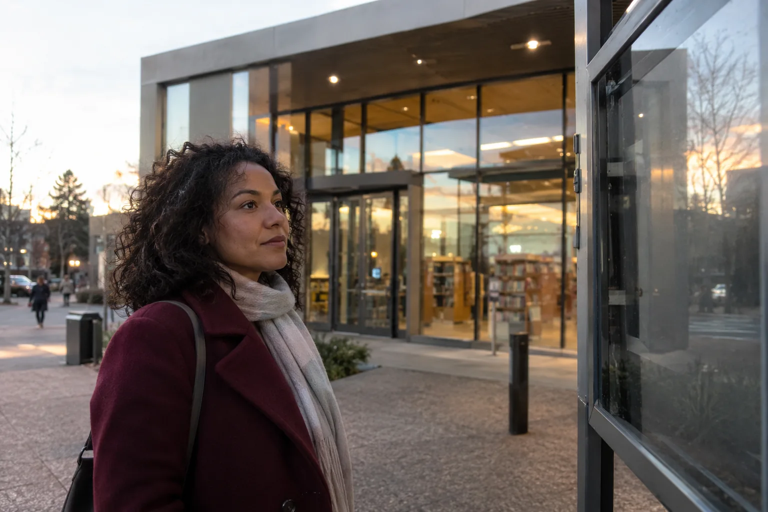 Une femme consulte un panneau à l’entrée d’une bibliothèque