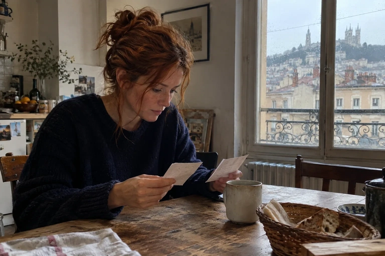 Une femme relit deux fiches à une table de cuisine