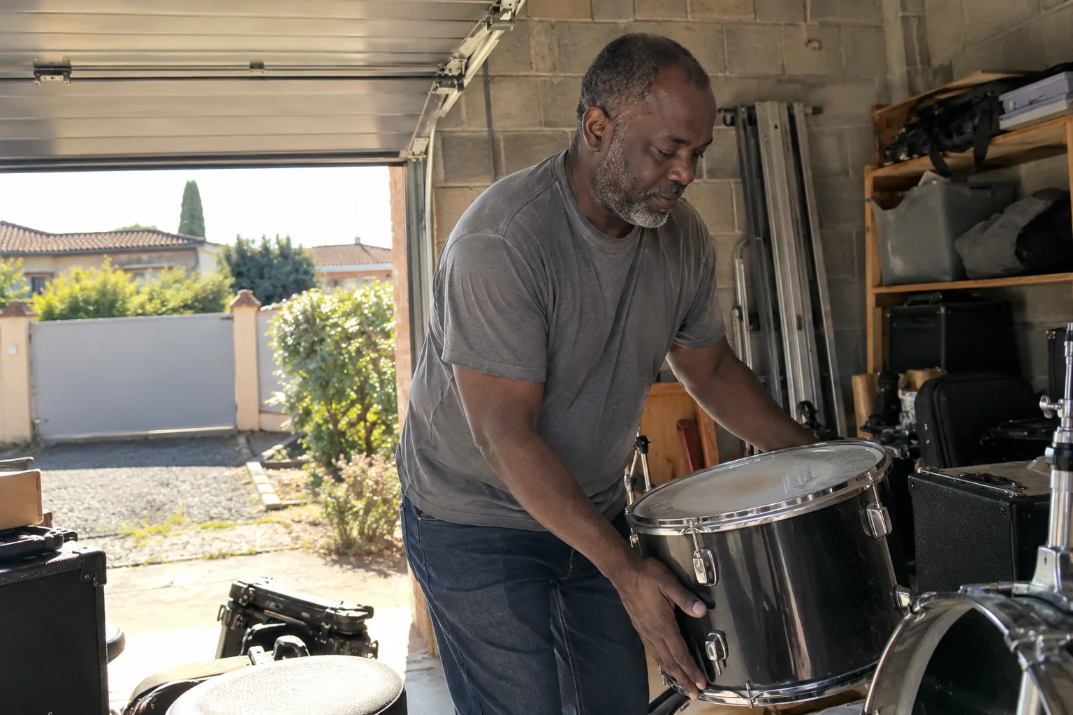 Un homme range un tambour dans un garage