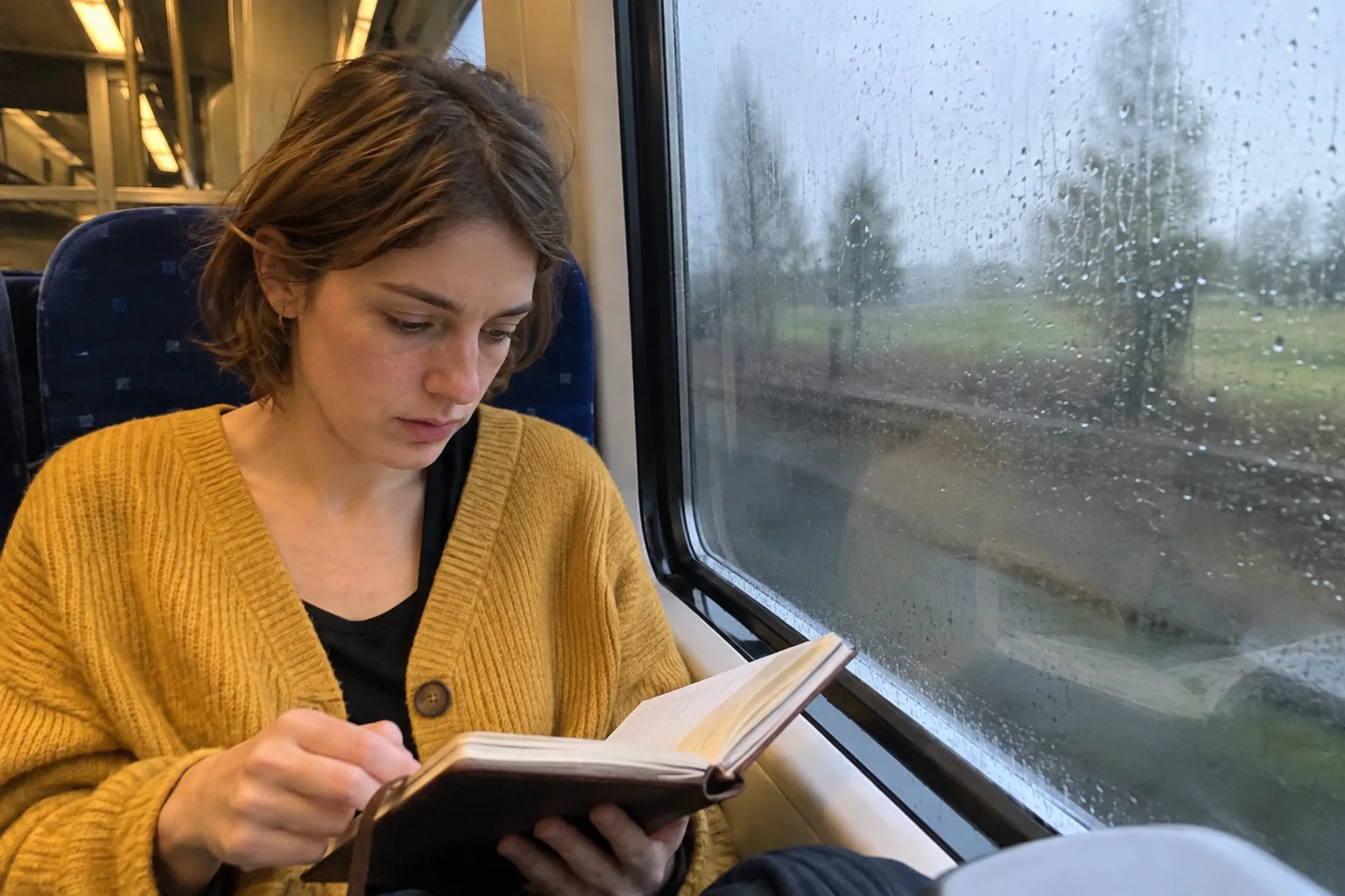 Une femme consulte son carnet dans un train
