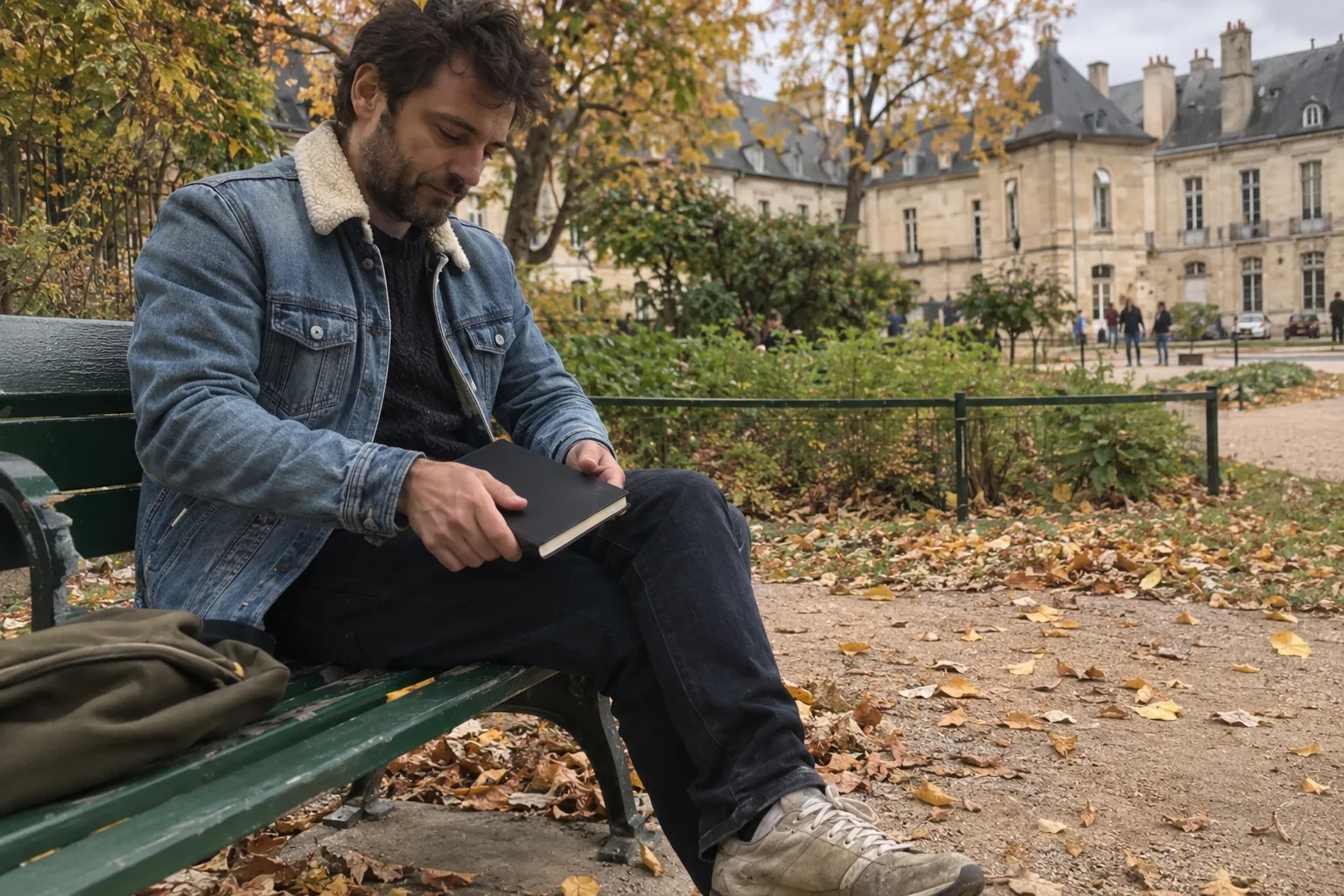 Un homme ferme un carnet sur un banc