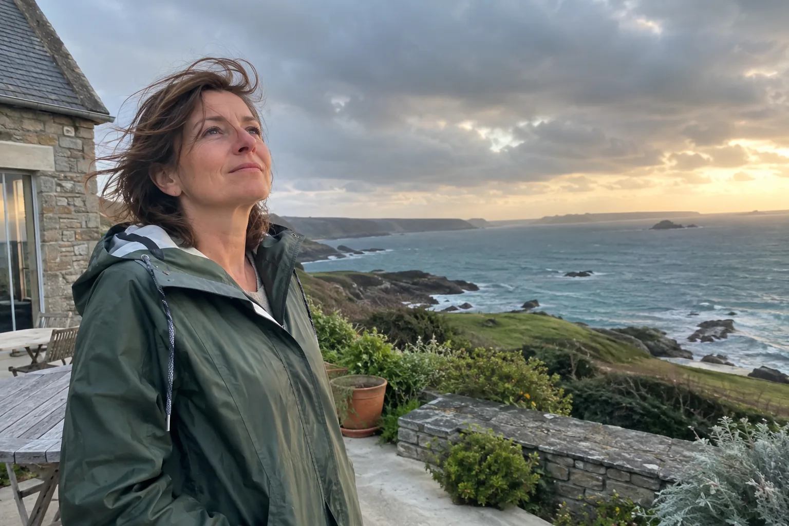 Une femme regarde le ciel depuis une terrasse côtière