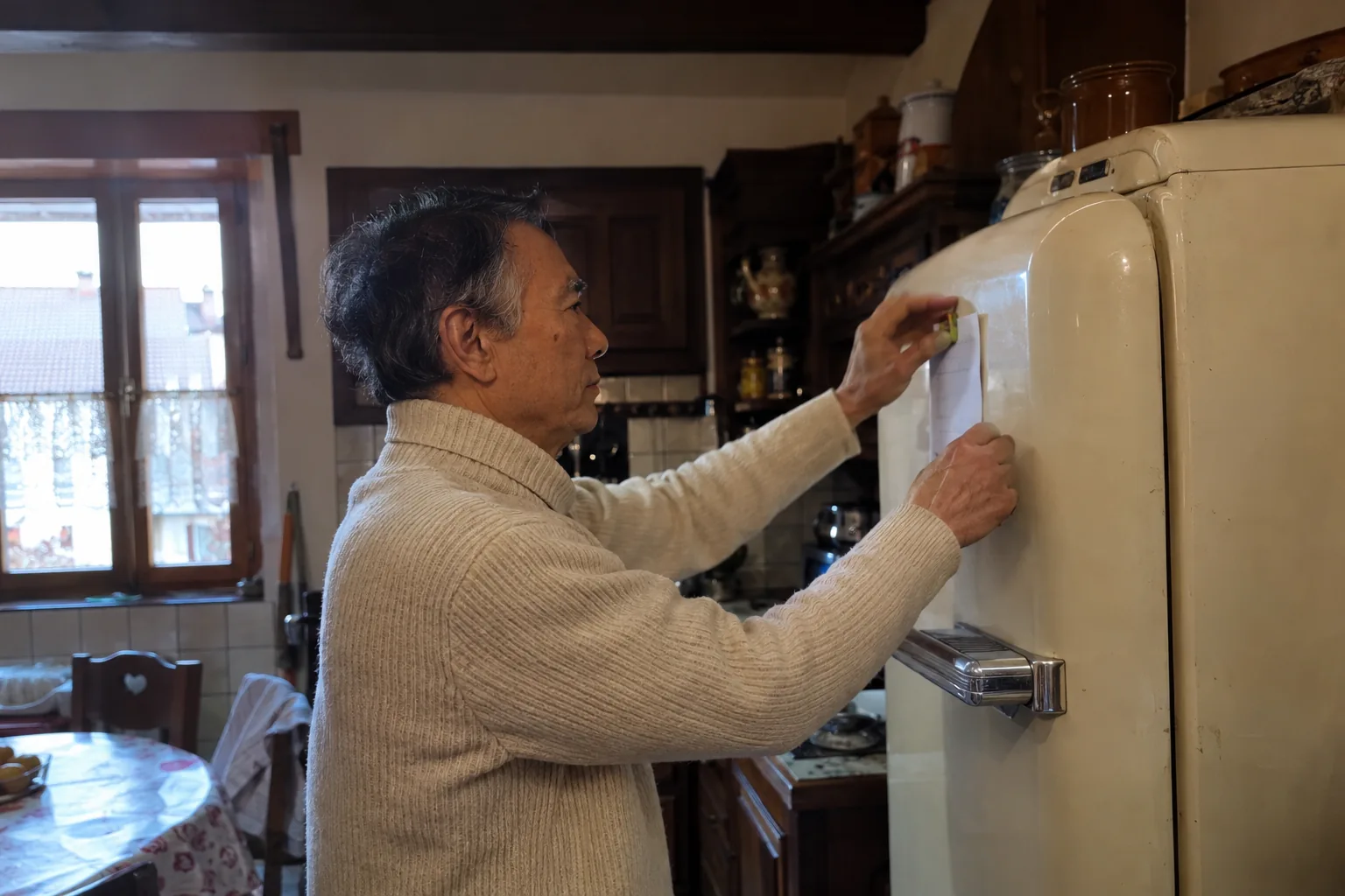 Un homme fixe une note sur son réfrigérateur