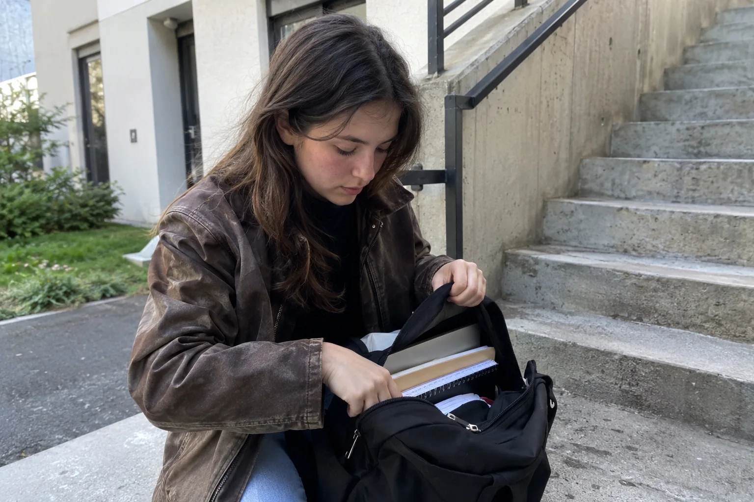 Une femme prépare un sac près d’un escalier