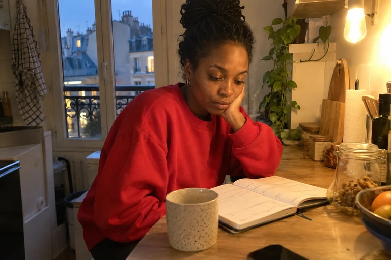 Une femme regarde un agenda à son comptoir de cuisine