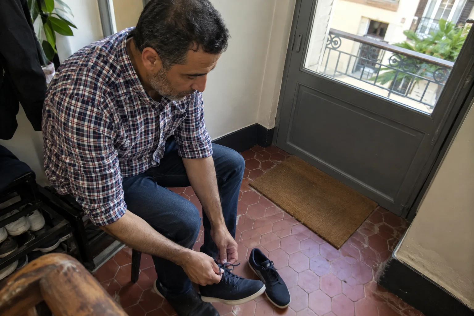Un homme prépare une chaussure près de la porte