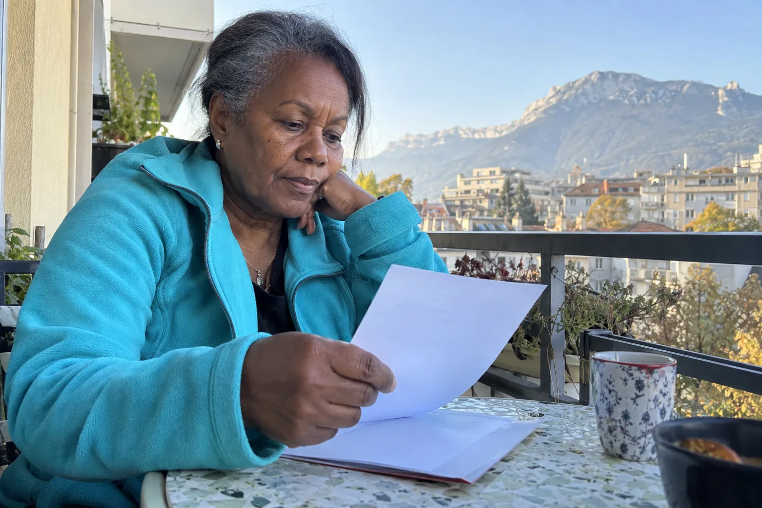 Une femme lit une feuille sur un balcon