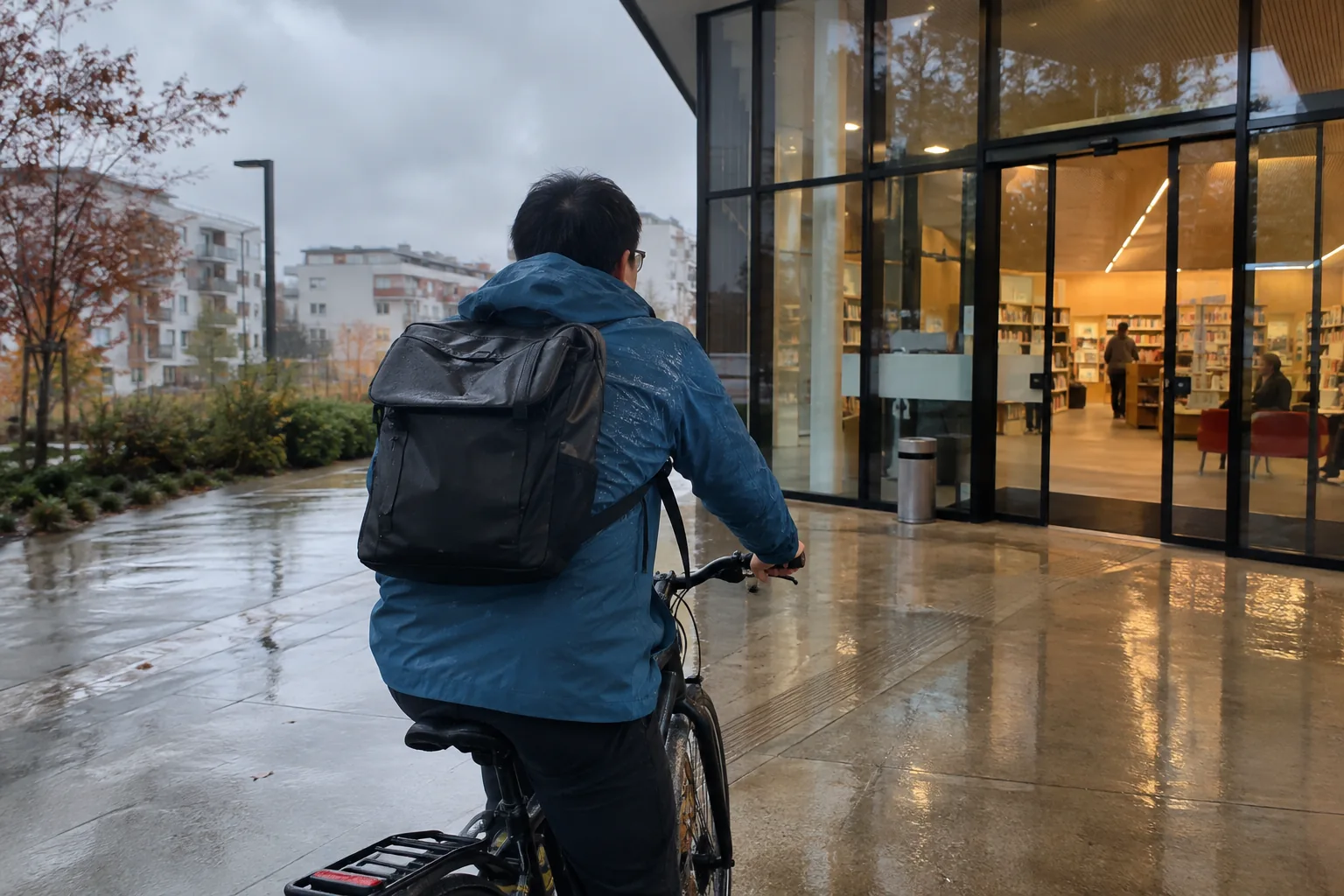 Un homme arrive à vélo devant une bibliothèque
