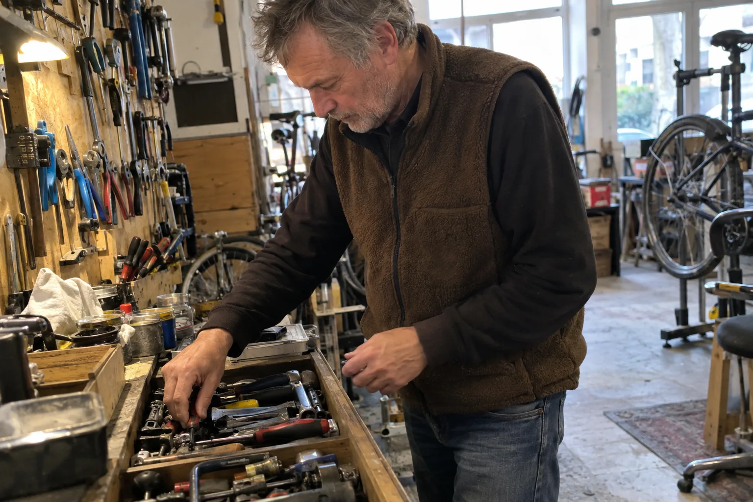 Un homme choisit un outil dans un atelier de réparation