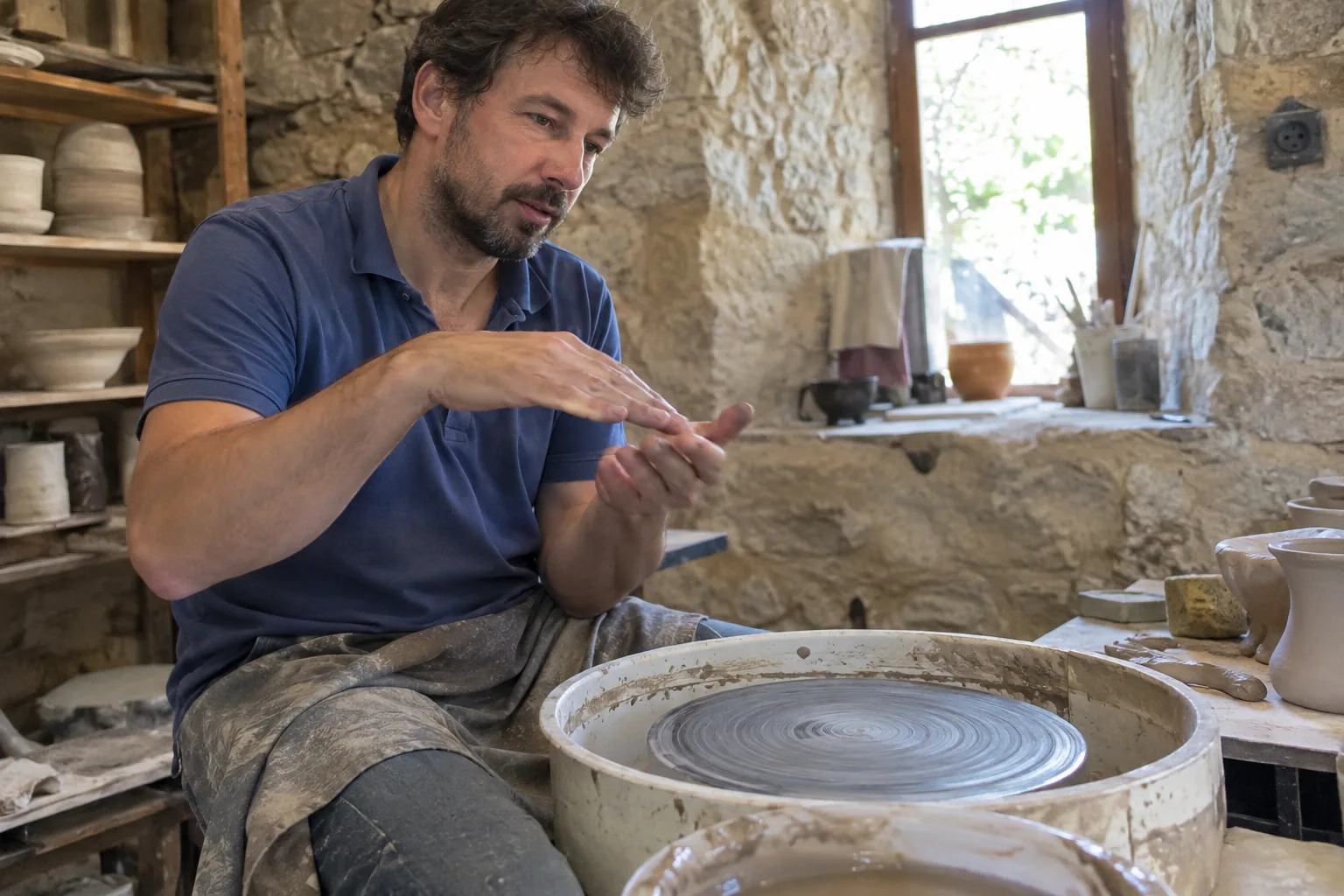 Un homme répète un geste devant un tour de poterie