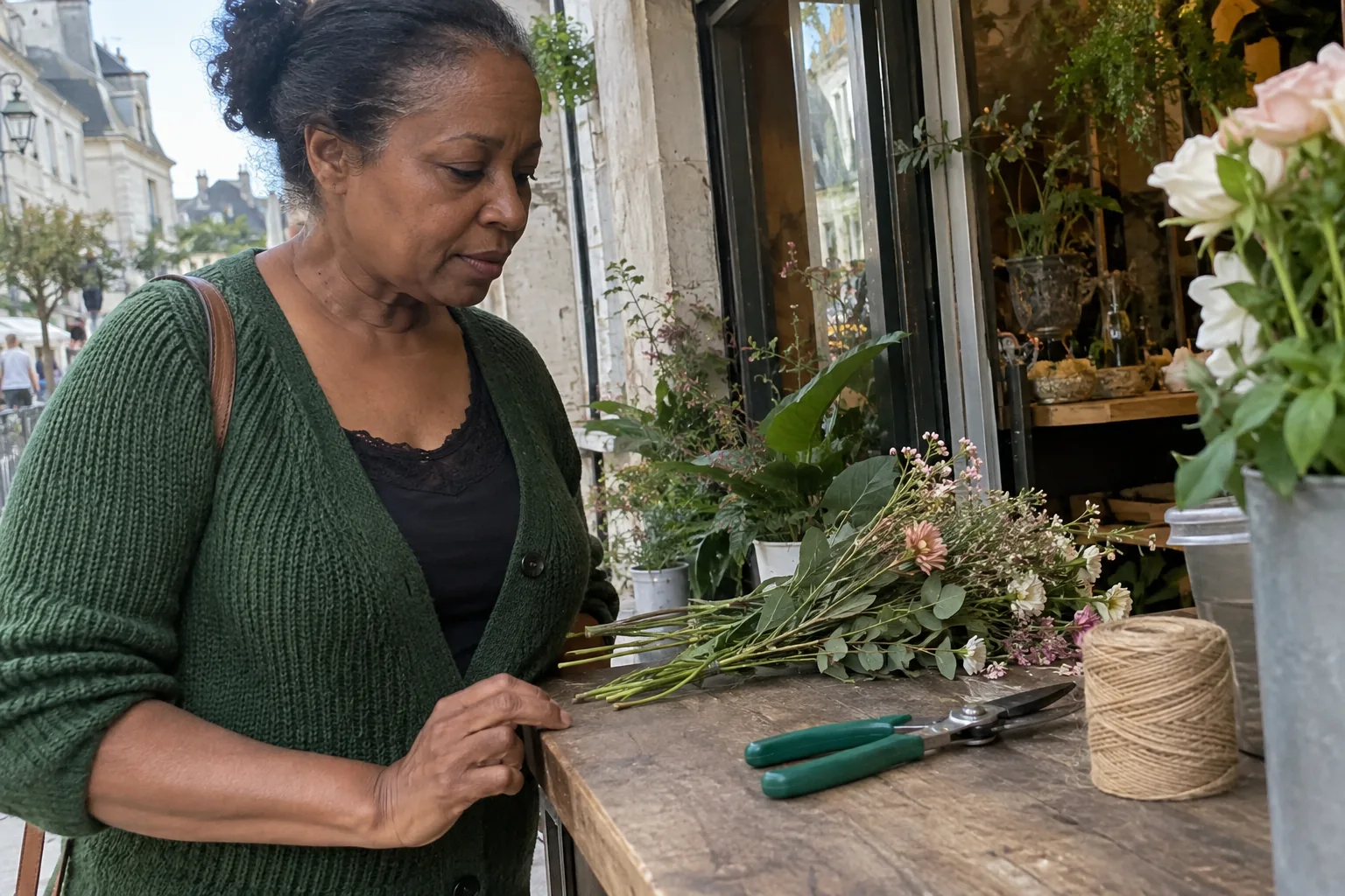 Une femme regarde le matériel posé chez un fleuriste