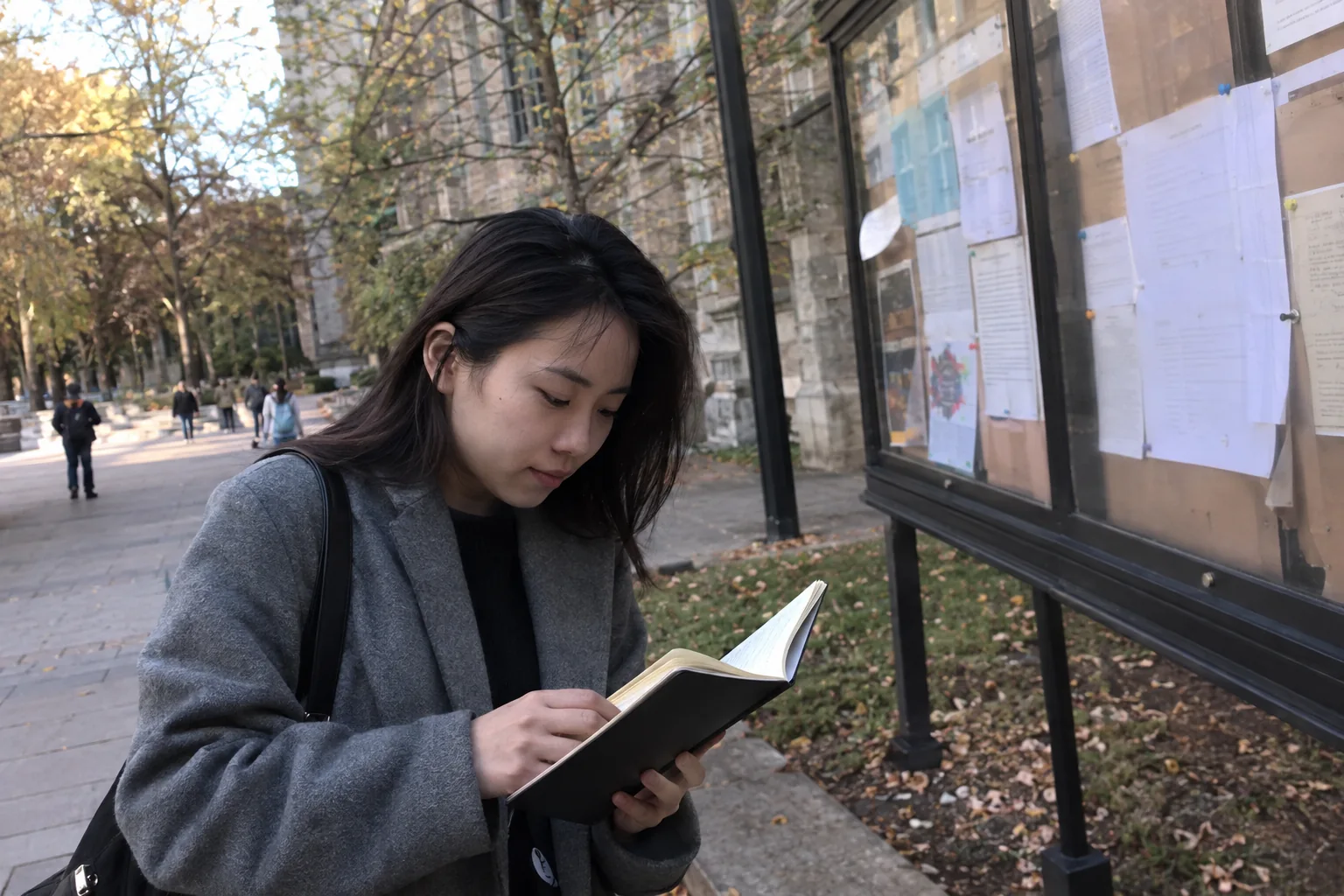 Une femme consulte un carnet près d’un panneau d’affichage