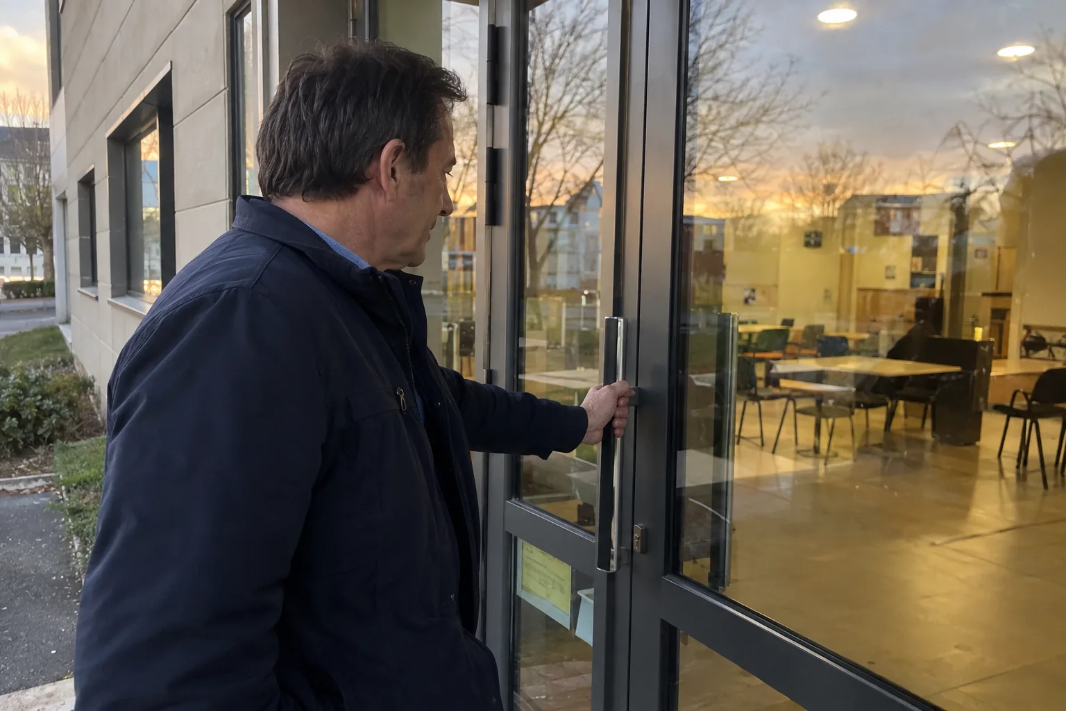 Un homme ouvre une porte de salle associative
