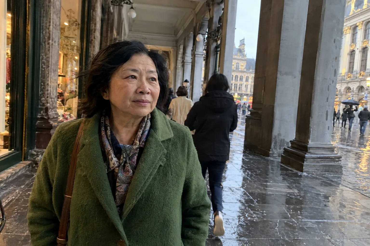 Une femme marche sous une galerie couverte