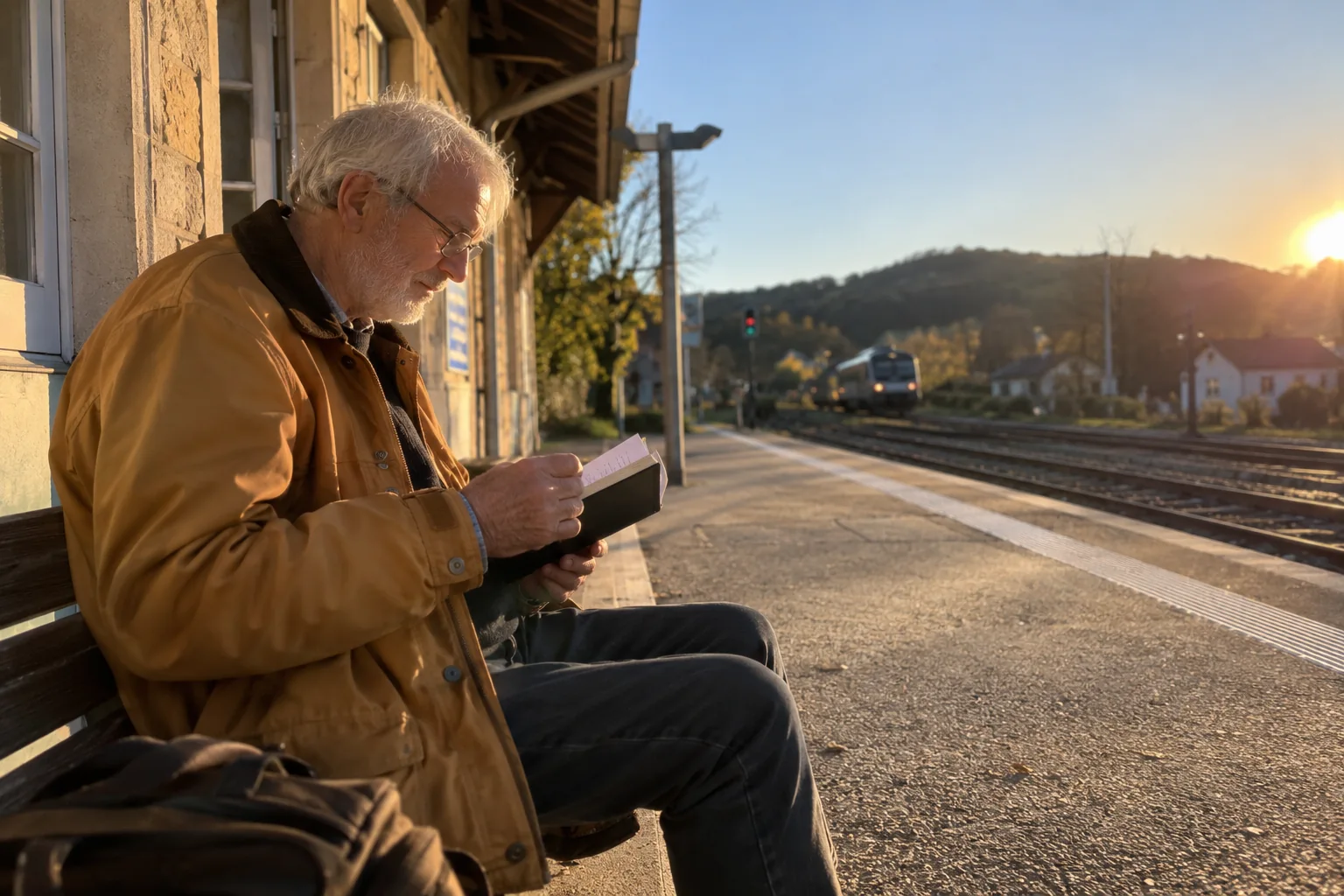Un homme lit un carnet sur un banc de gare