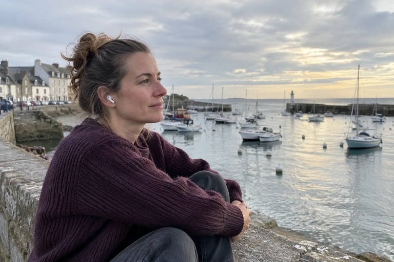 Une femme écoute avec des écouteurs au bord d’un port
