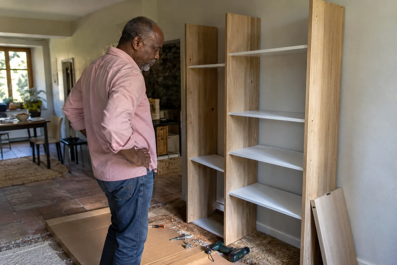 Un homme observe une étagère partiellement montée