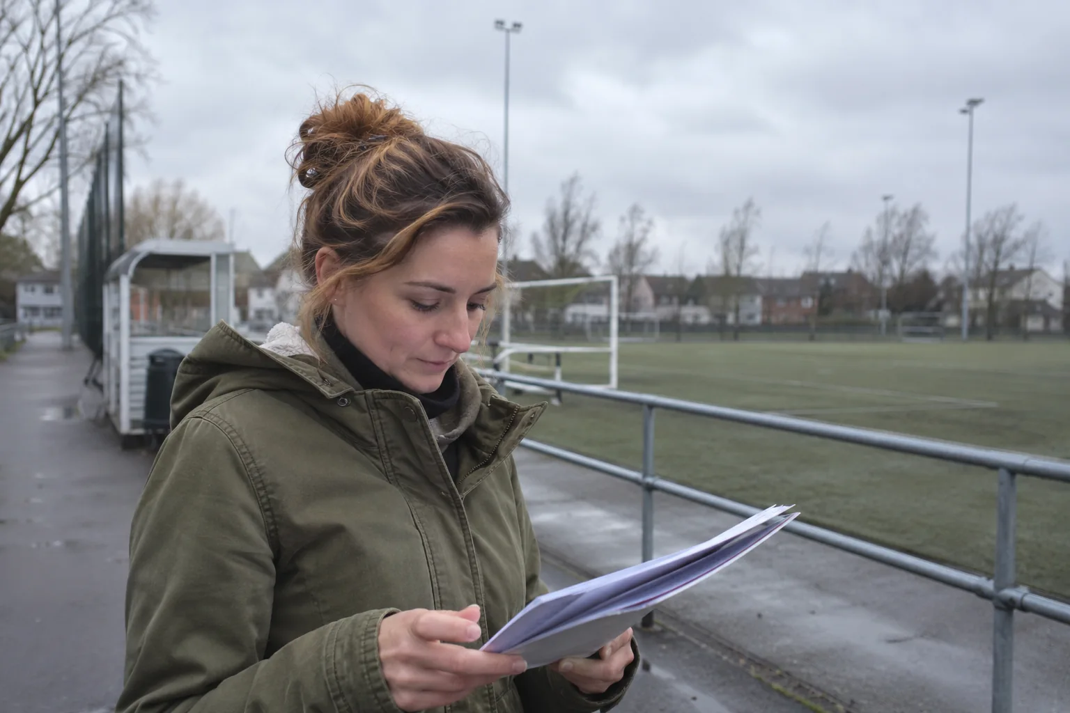 Une femme consulte une liste près d’un terrain de sport